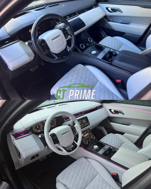 Interior do Range Rover Velar antes e depois: couro claro e iluminação ambiente